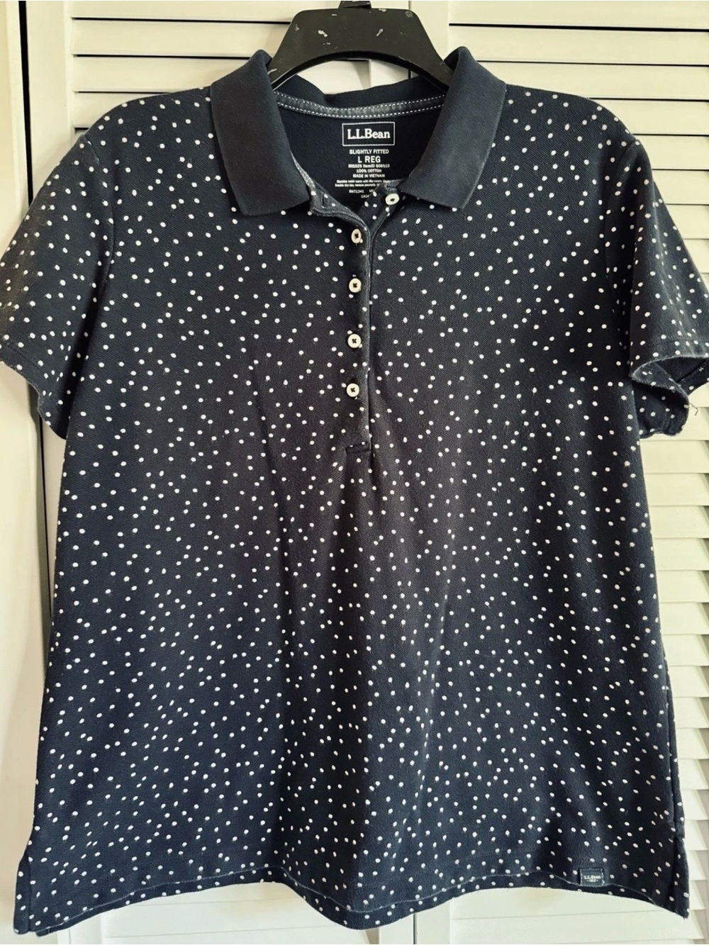 LL BEAN Shirt Women's Large Polo Blue White Polka Dots Casual Top Collar Stretch